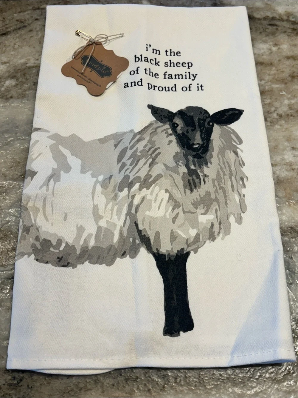 Mud Pie White Cotton Tea Towel with Black Sheep Graphic
